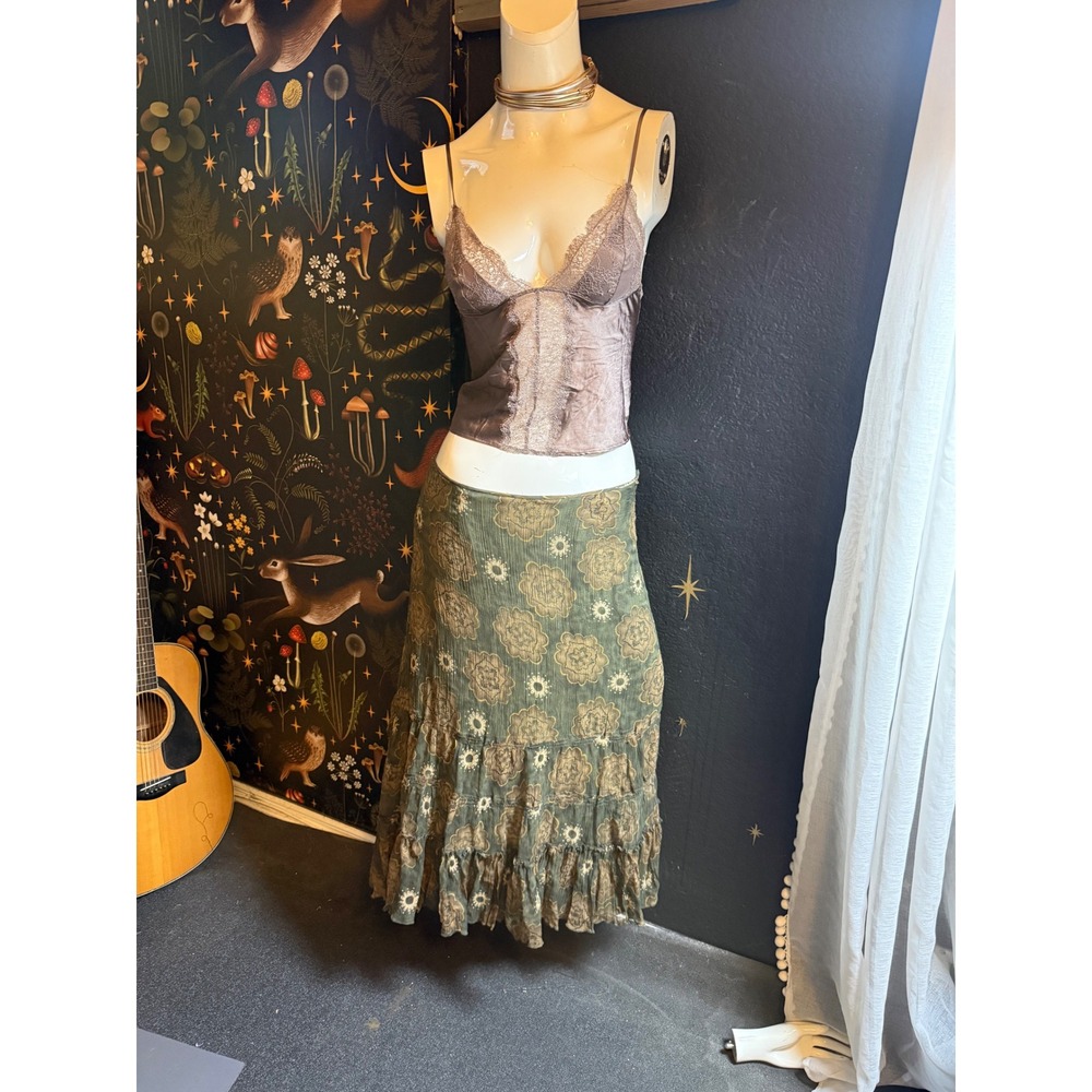 Allison Taylor Silk Maxi Skirt Green Floral Medallion Tiered Ruffle Boho Size 10